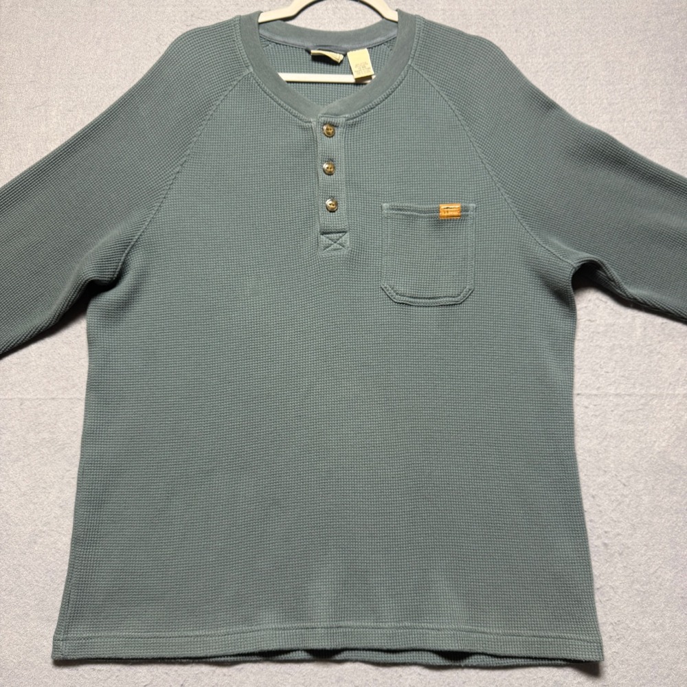 LL Bean Mens Henley Shirt Blue Gray Waffle Knit Long Sleeve Pocket LG-REG 517586